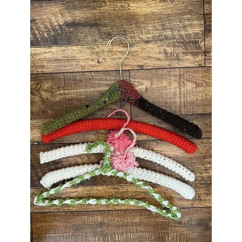 5 vintage hand knitted and crochet hangers